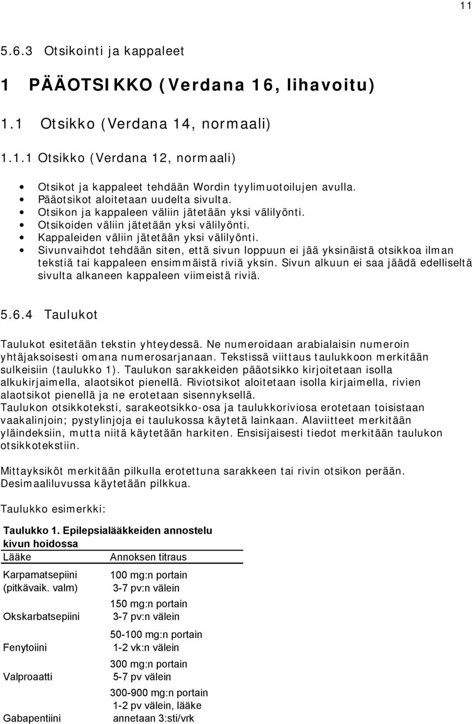 Sivunvaihdot tehdään siten, että sivun loppuun ei jää yksinäistä otsikkoa ilman tekstiä tai kappaleen ensimmäistä riviä yksin.