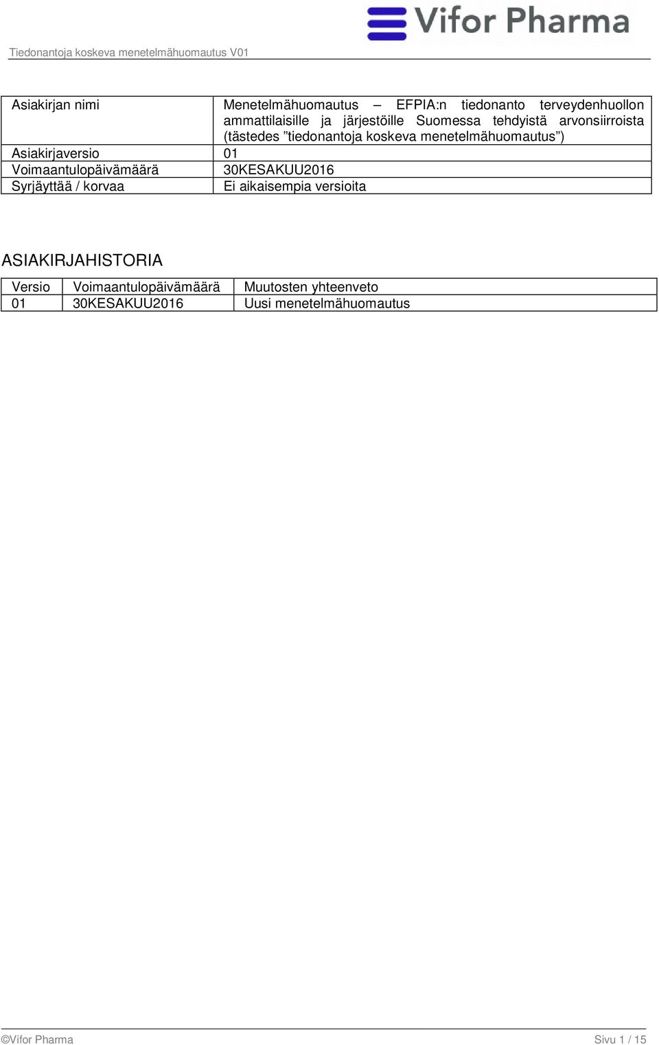 Voimaantulopäivämäärä 30KESAKUU2016 Syrjäyttää / korvaa Ei aikaisempia versioita ASIAKIRJAHISTORIA Versio