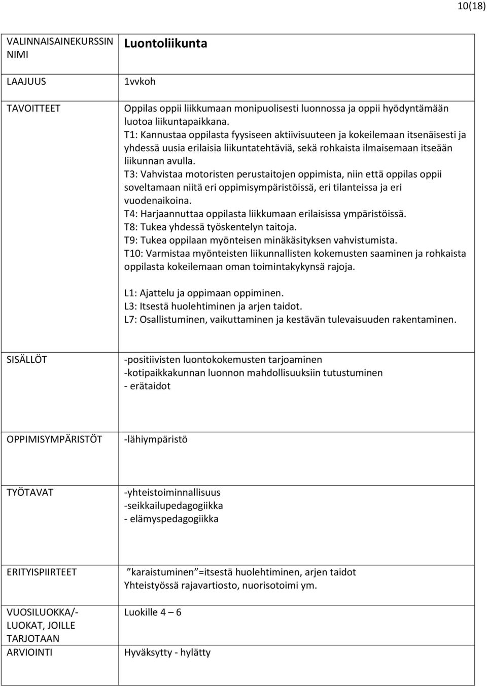 T3: Vahvistaa motoristen perustaitojen oppimista, niin että oppilas oppii soveltamaan niitä eri oppimisympäristöissä, eri tilanteissa ja eri vuodenaikoina.