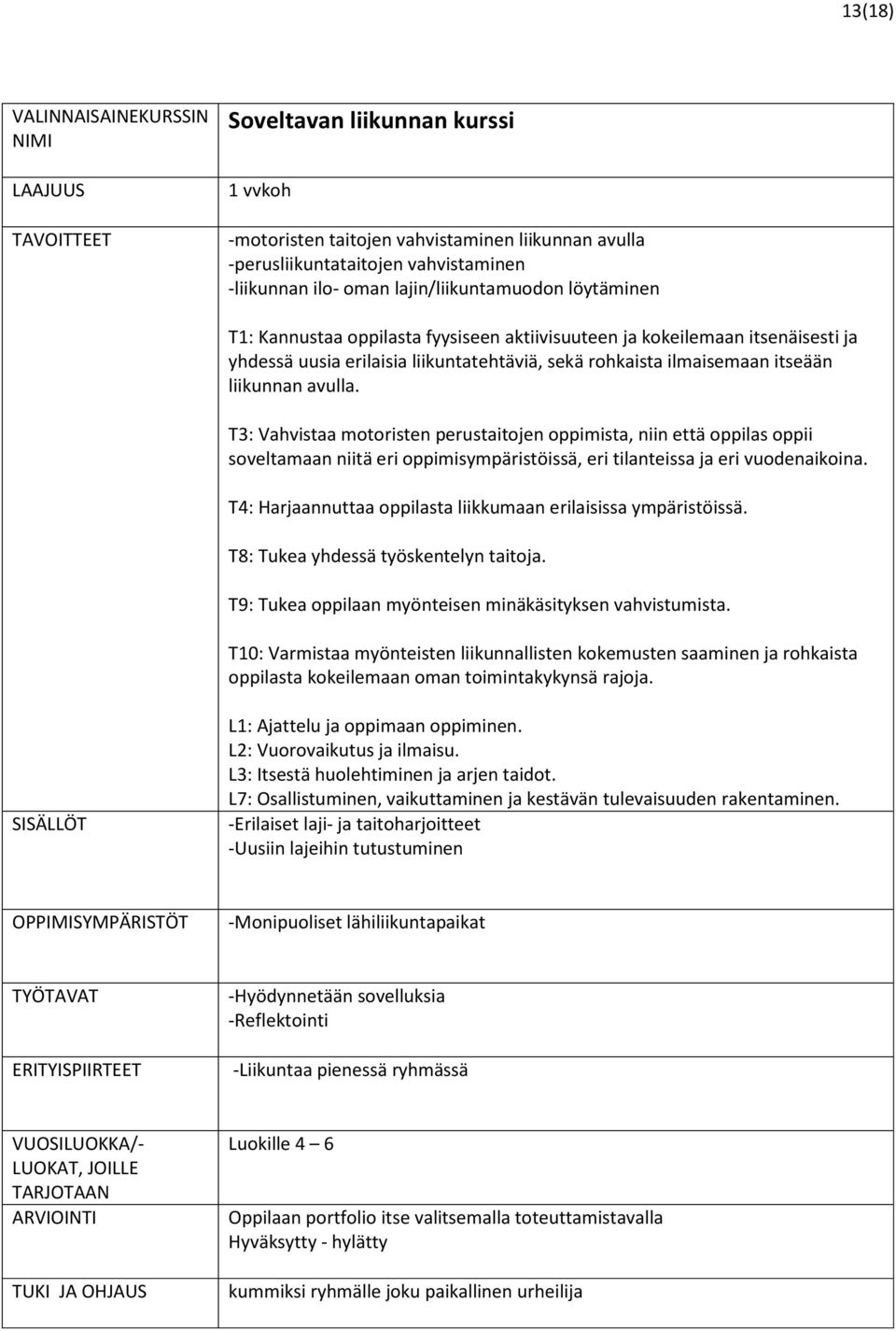 T3: Vahvistaa motoristen perustaitojen oppimista, niin että oppilas oppii soveltamaan niitä eri oppimisympäristöissä, eri tilanteissa ja eri vuodenaikoina.