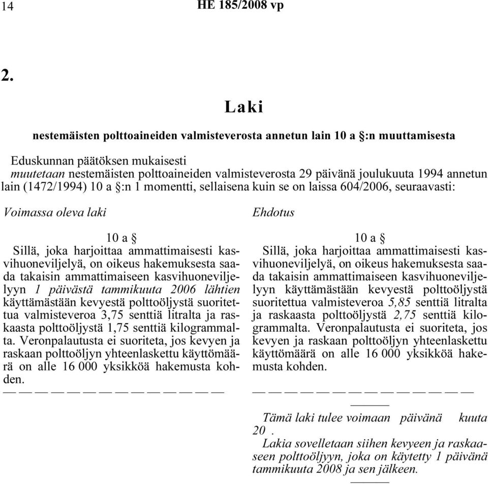 hakemuksesta saada takaisin ammattimaiseen kasvihuoneviljelyyn 1 päivästä tammikuuta 2006 lähtien käyttämästään kevyestä polttoöljystä suoritettua valmisteveroa 3,75 senttiä litralta ja raskaasta