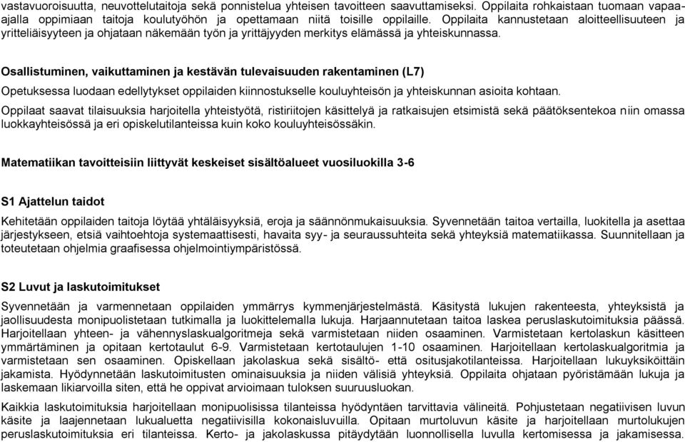 Oppilaita kannustetaan aloitteellisuuteen ja yritteliäisyyteen ja ohjataan näkemään työn ja yrittäjyyden merkitys elämässä ja yhteiskunnassa.