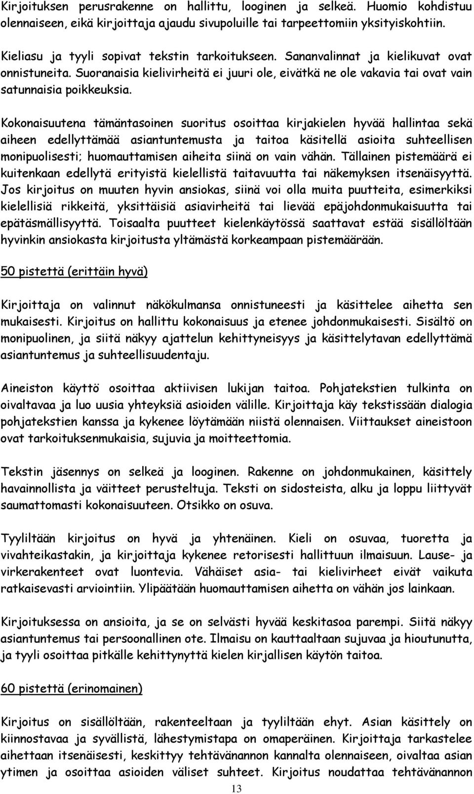 Kokonaisuutena tämäntasoinen suoritus osoittaa kirjakielen hyvää hallintaa sekä aiheen edellyttämää asiantuntemusta ja taitoa käsitellä asioita suhteellisen monipuolisesti; huomauttamisen aiheita