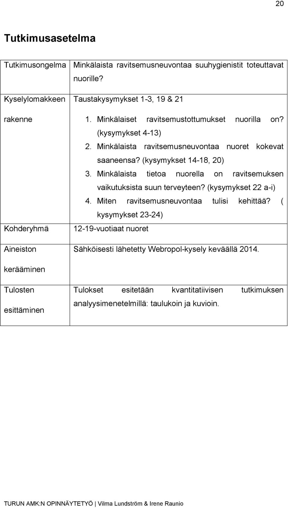 Minkälaista ravitsemusneuvontaa nuoret kokevat saaneensa? (kysymykset 14-18, 20) 3. Minkälaista tietoa nuorella on ravitsemuksen vaikutuksista suun terveyteen?