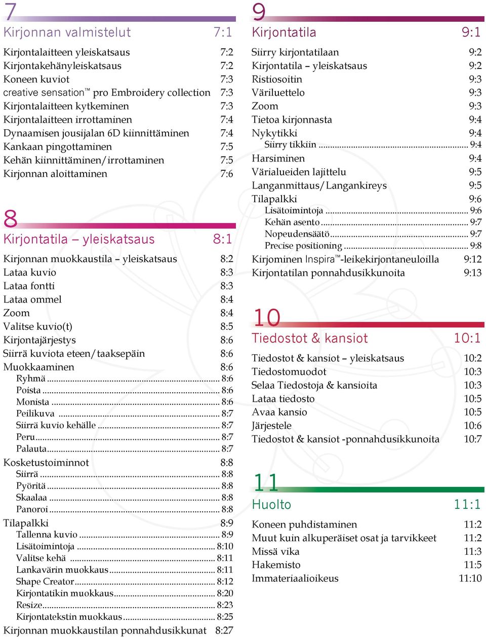 8:1 Kirjonnan muokkaustila yleiskatsaus 8:2 Lataa kuvio 8:3 Lataa fontti 8:3 Lataa ommel 8:4 Zoom 8:4 Valitse kuvio(t) 8:5 Kirjontajärjestys 8:6 Siirrä kuviota eteen/taaksepäin 8:6 Muokkaaminen 8:6