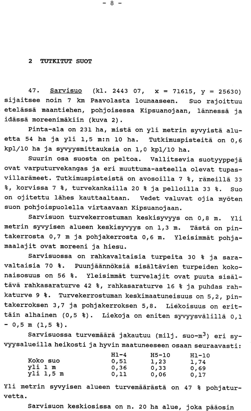 on peltoa Vallitsevia suotyyppejä ovat varputurvekangas ja eri muuttuma-asteella olevat tupasvillarämeet Tutkimuspisteistä on avosoilla 7 %, rämeillä 33 %, korvissa 7 %, turvekankailla 20 % ja