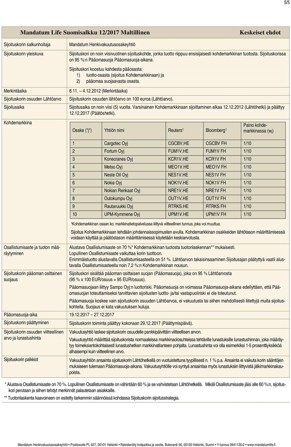 Sijoituskori koostuu kahdesta pääosasta: 1) tuotto-osasta (sijoitus Kohdemarkkinaan) ja 2) pääomaa suojaavasta osasta. Merkintäaika Sijoituskorin osuuden Lähtöarvo Sijoitusaika 8.11. 4.12.