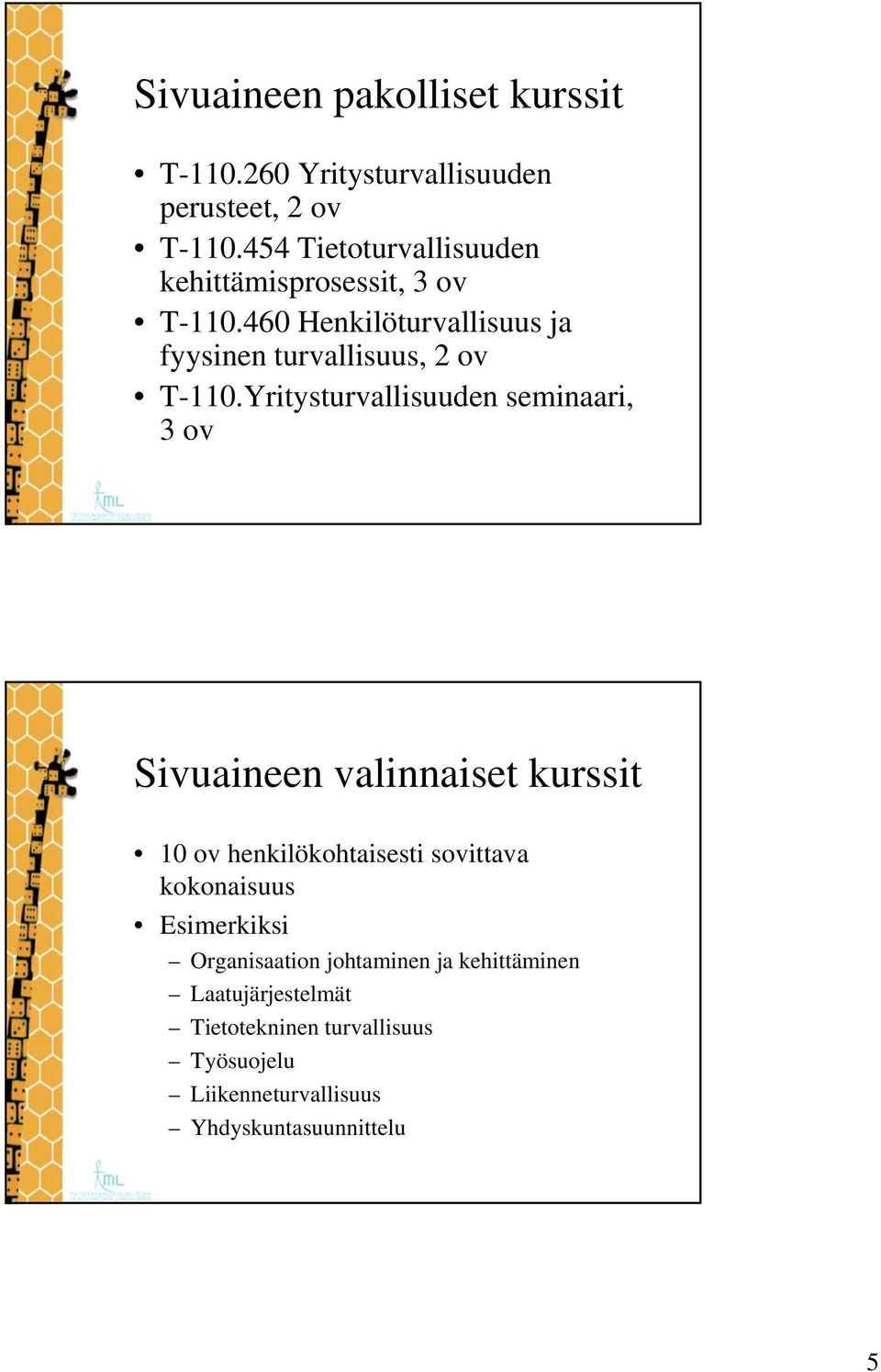 Yritysturvallisuuden seminaari, 3 ov Sivuaineen valinnaiset kurssit 10 ov henkilökohtaisesti sovittava kokonaisuus