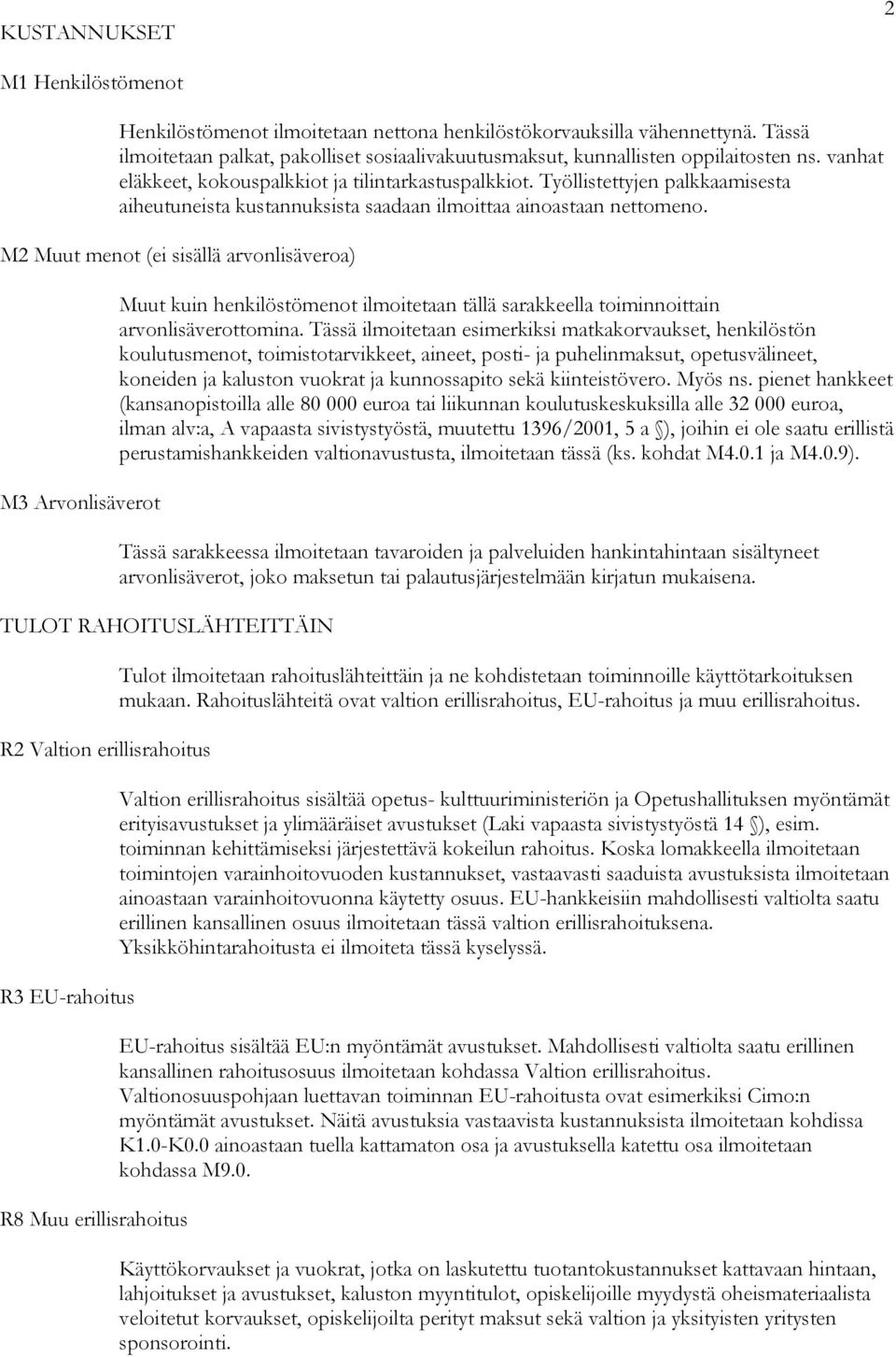 M2 Muut menot (ei sisällä arvonlisäveroa) M3 Arvonlisäverot Muut kuin henkilöstömenot ilmoitetaan tällä sarakkeella toiminnoittain arvonlisäverottomina.