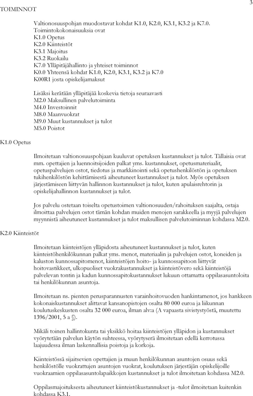 0 Maksullinen palvelutoiminta M4.0 Investoinnit M8.0 Maanvuokrat M9.0 Muut kustannukset ja tulot M5.0 Poistot K1.0 Opetus K2.