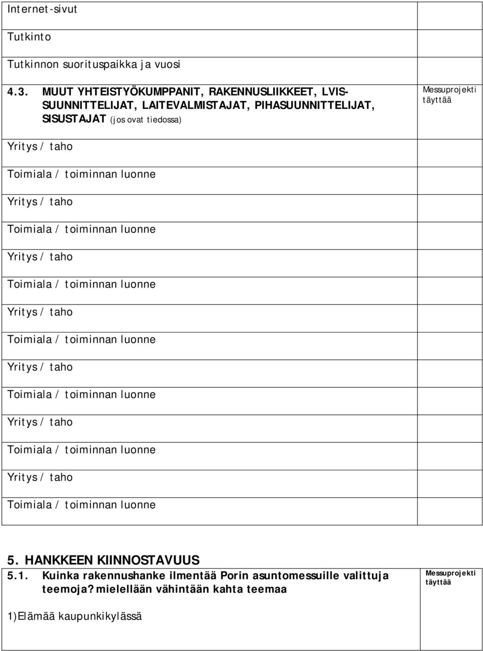 PIHASUUNNITTELIJAT, SISUSTAJAT (jos ovat tiedossa) 5. HANKKEEN KIINNOSTAVUUS 5.1.