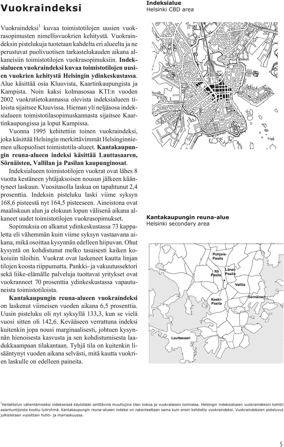 Indeksialueen vuokraindeksi kuvaa toimistotilojen uusien vuokrien kehitystä Helsingin ydinkeskustassa. Alue käsittää osia Kluuvista, Kaartinkaupungista ja Kampista.