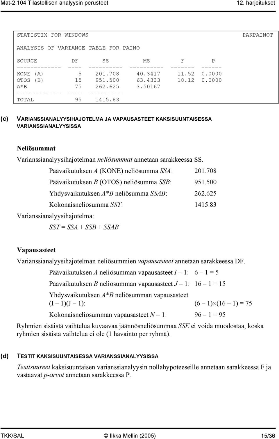 83 (c) VARIANSSIANALYYSIHAJOTELMA JA VAPAUSASTEET KAKSISUUNTAISESSA VARIANSSIANALYYSISSA Neliösummat Varianssianalyysihajotelman neliösummat annetaan sarakkeessa SS.