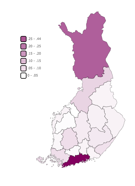 Maakuntien osuudet ulkomaisista yöpymisistä ja kaikista