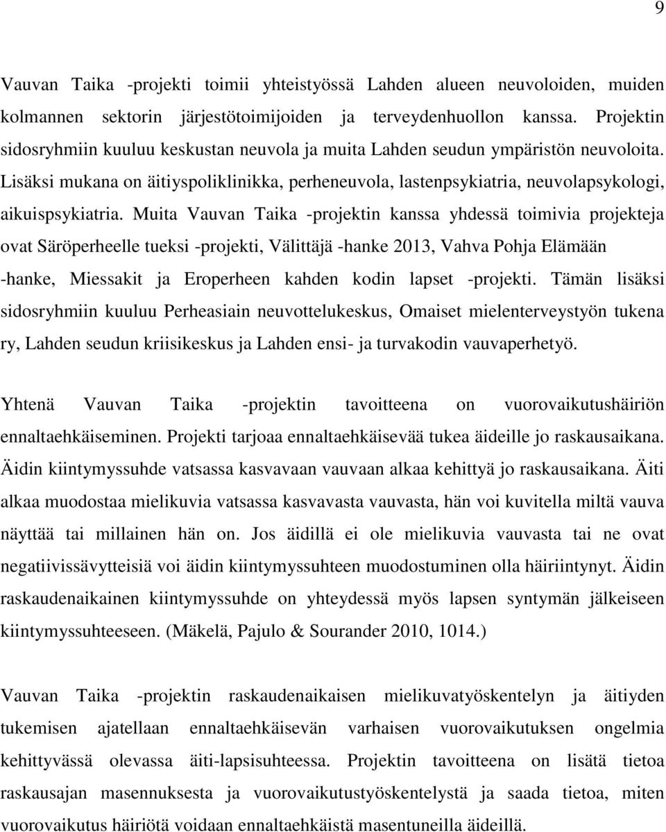 Muita Vauvan Taika -projektin kanssa yhdessä toimivia projekteja ovat Säröperheelle tueksi -projekti, Välittäjä -hanke 2013, Vahva Pohja Elämään -hanke, Miessakit ja Eroperheen kahden kodin lapset