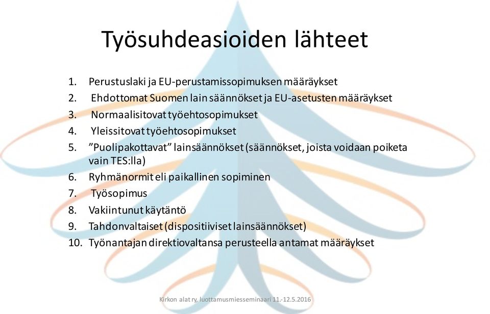 Yleissitovat työehtosopimukset 5. Puolipakottavat lainsäännökset (säännökset, joista voidaan poiketa vain TES:lla) 6.