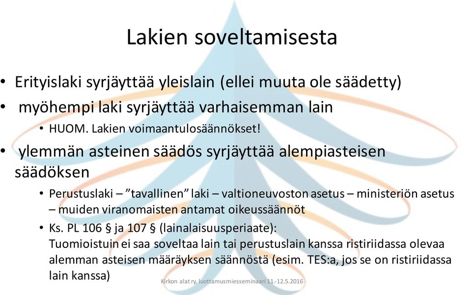 ylemmän asteinen säädös syrjäyttää alempiasteisen säädöksen Perustuslaki tavallinen laki valtioneuvoston asetus ministeriön asetus
