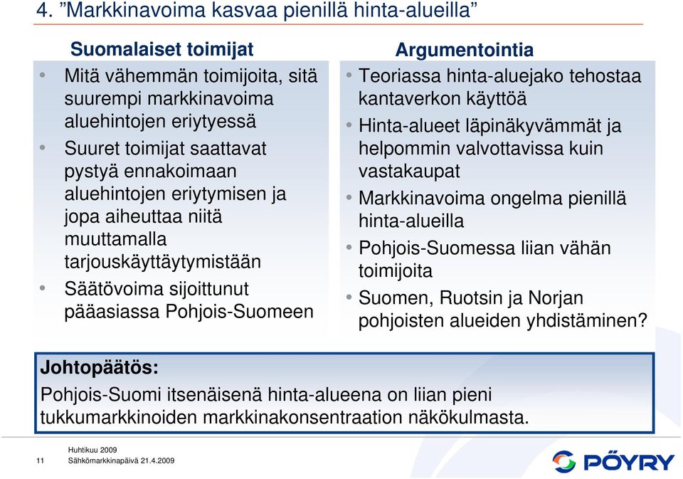 hinta-aluejako tehostaa kantaverkon käyttöä Hinta-alueet läpinäkyvämmät ja helpommin valvottavissa kuin vastakaupat Markkinavoima ongelma pienillä hinta-alueilla Pohjois-Suomessa liian