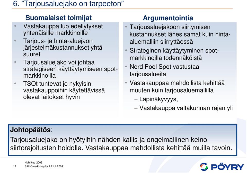 hintaaluemalliin siirryttäessä Strateginen käyttäytyminen spotmarkkinoilla todennäköistä Nord Pool Spot vastustaa tarjousalueita Vastakauppaa mahdollista kehittää muuten kuin tarjousaluemallilla