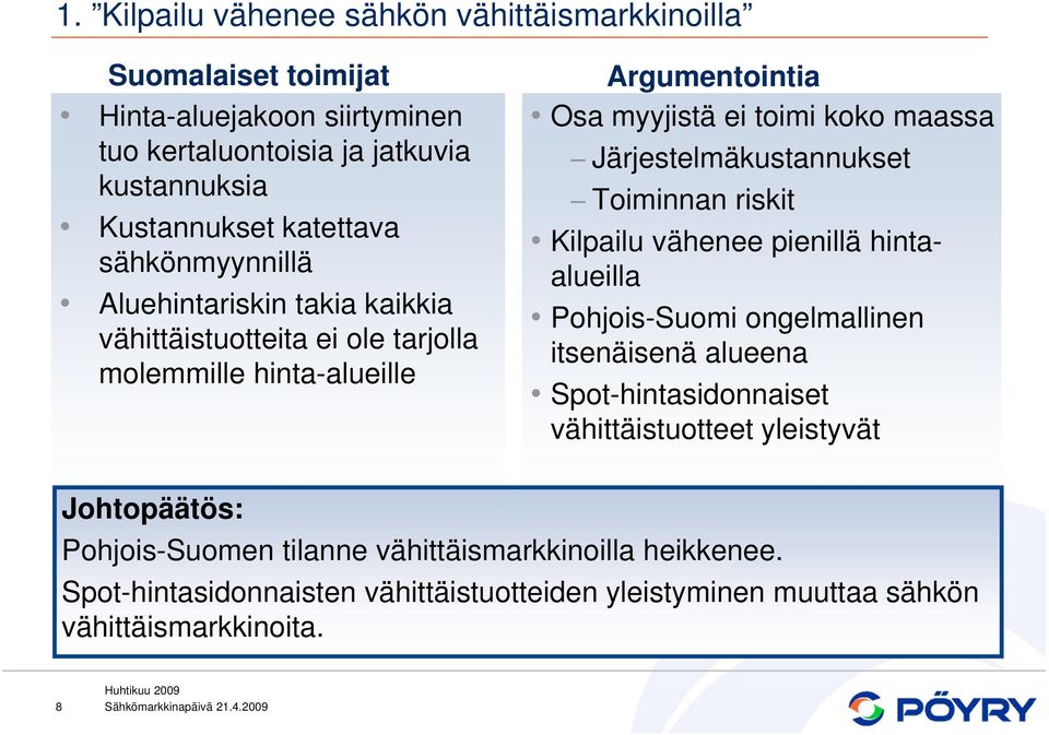 Järjestelmäkustannukset Toiminnan riskit Kilpailu vähenee pienillä hintaalueilla Pohjois-Suomi ongelmallinen itsenäisenä alueena Spot-hintasidonnaiset