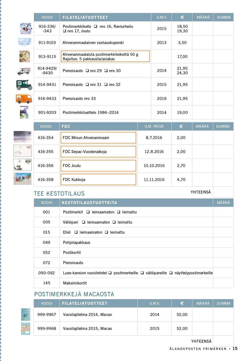 postimerkkileikettä 50 g Rajoitus: 5 pakkausta/asiakas Pienoisauto q nro 29 q nro 30 2014 17,00 21,95 24,30 914-9431 Pienoisauto q nro 31 q nro 32 2015 21,95 914-9433 Pienoisauto nro 33 2016 21,95