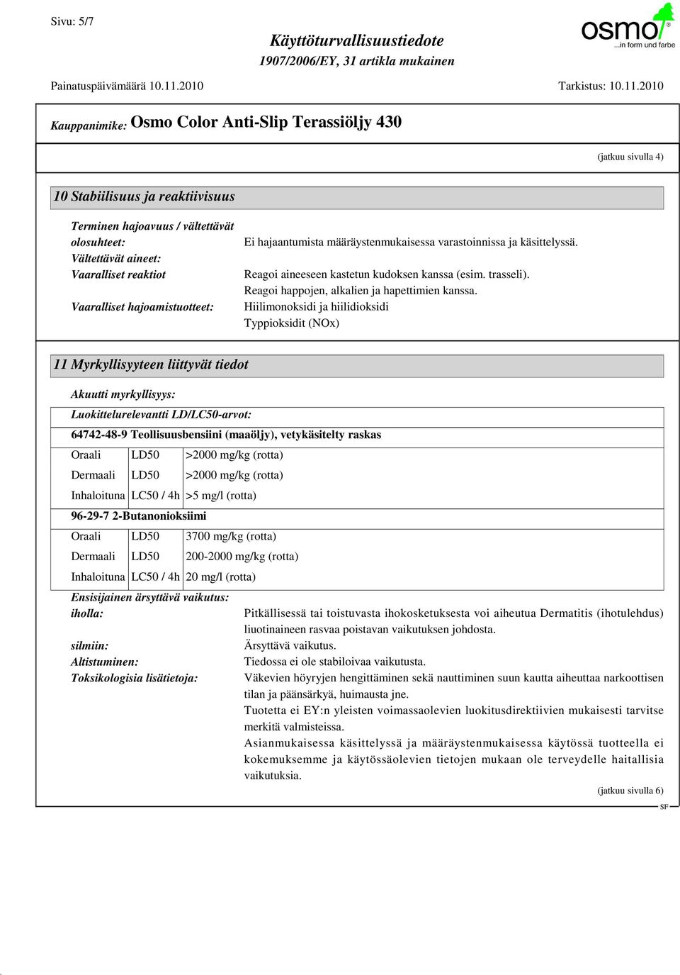 Hiilimonoksidi ja hiilidioksidi Typpioksidit (NOx) 11 Myrkyllisyyteen liittyvät tiedot Akuutti myrkyllisyys: Luokittelurelevantti LD/LC50-arvot: 64742-48-9 Teollisuusbensiini (maaöljy), vetykäsitelty