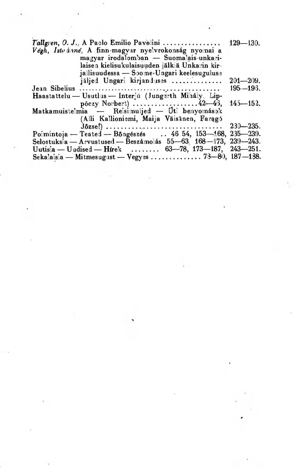 keelesuguluse jäljed Ungari kirjanduses 201 209. Jean Sibelius _ 195 196. Haastattelu Usutlus Inter ju (Jungerth Mihdly, Lippõczy Norbert) 42 46, 145 152.