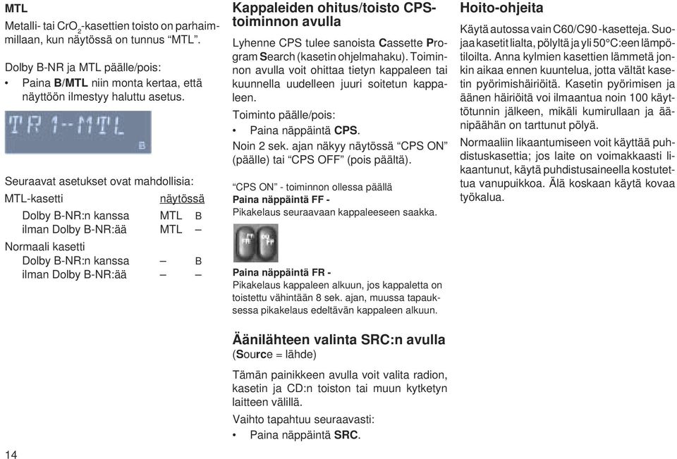 CPStoiminnon avulla Lyhenne CPS tulee sanoista Cassette Program Search (kasetin ohjelmahaku). Toiminnon avulla voit ohittaa tietyn kappaleen tai kuunnella uudelleen juuri soitetun kappaleen.