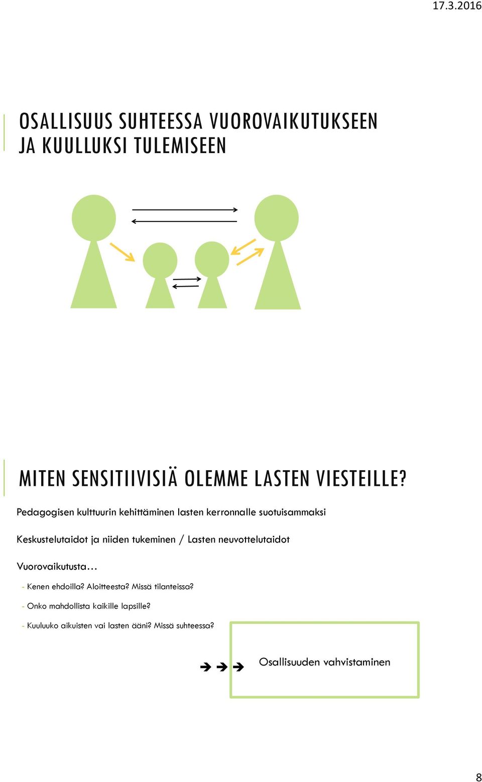 / Lasten neuvottelutaidot Vuorovaikutusta - Kenen ehdoilla? Aloitteesta? Missä tilanteissa?