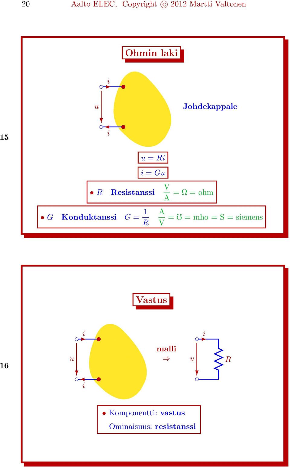 Konduktanssi G = 1 R A V V A = Ω = ohm = = mho = S = siemens