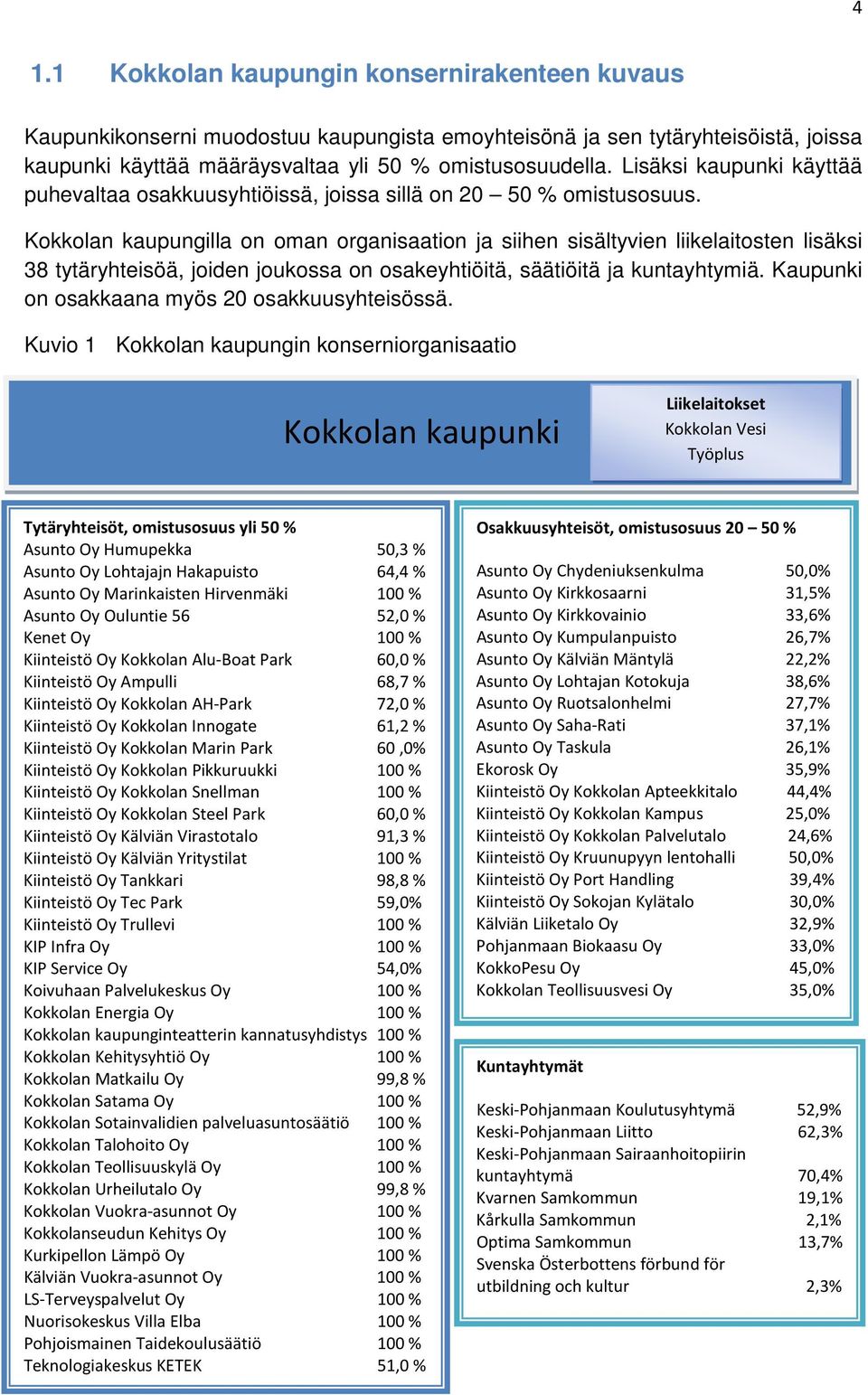 Kokkolan kaupungilla on oman organisaation ja siihen sisältyvien liikelaitosten lisäksi 38 tytäryhteisöä, joiden joukossa on osakeyhtiöitä, säätiöitä ja kuntayhtymiä.