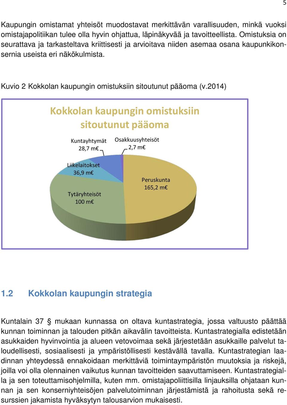 2014) Kokkolan kaupungin omistuksiin sitoutunut pääoma Kuntayhtymät 28,7 m Liikelaitokset 36,9 m Tytäryhteisöt 100 m Osakkuusyhteisöt 2,7 m Peruskunta 165,2 m 1.