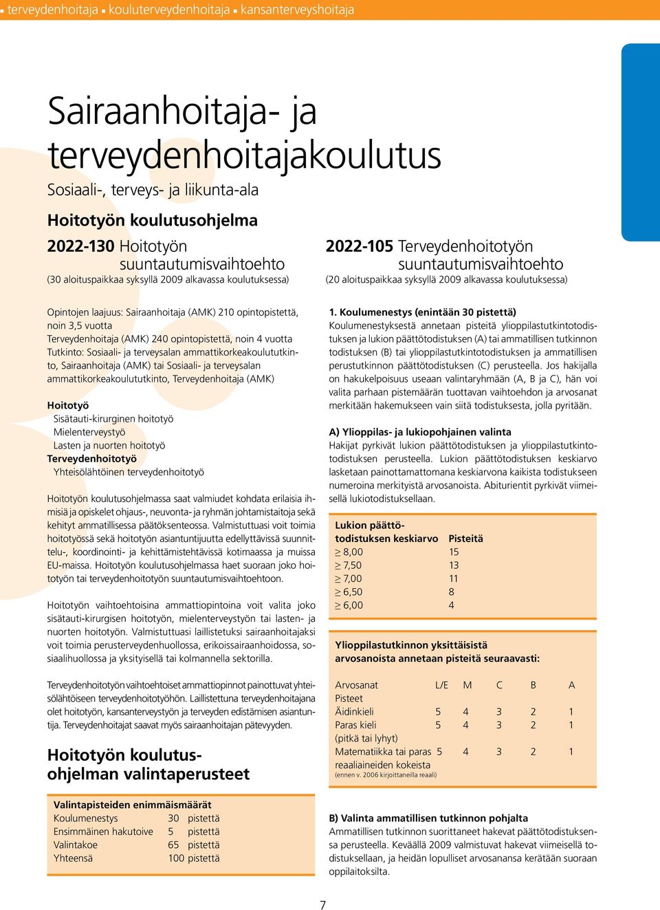 laajuus: Sairaanhoitaja (AMK) 210 opintopistettä, noin 3,5 vuotta Terveydenhoitaja (AMK) 240 opintopistettä, noin 4 vuotta Tutkinto: Sosiaali- ja terveysalan ammattikorkeakoulututkinto,