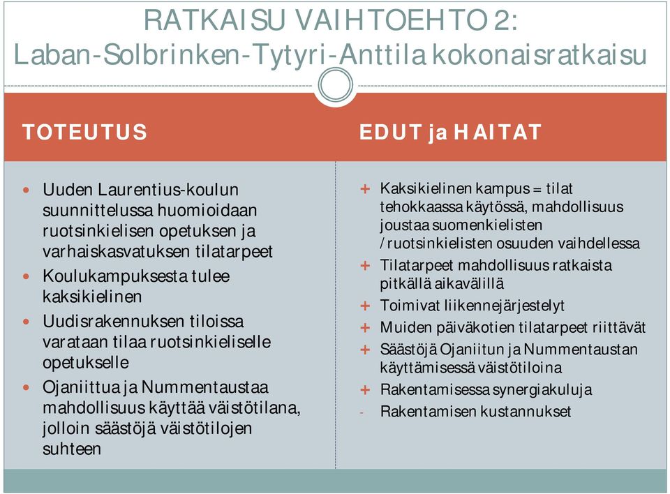 väistötilojen suhteen Kaksikielinen kampus = tilat tehokkaassa käytössä, mahdollisuus joustaa suomenkielisten /ruotsinkielisten osuuden vaihdellessa Tilatarpeet mahdollisuus ratkaista pitkällä