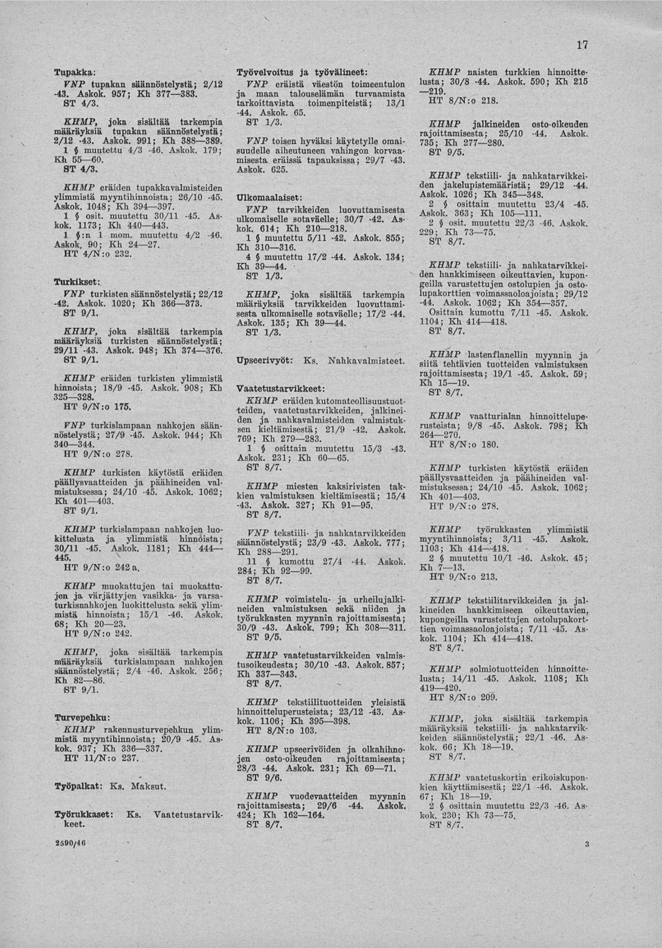 Työvelvoitus ja työvälineet: KHMP naisten turkkien hinnoittelusta; 30/8-44. Askok. 590; Kh 215 VNP eräistä väestön toimeentulon ja maan talouselämän turvaamista 219.