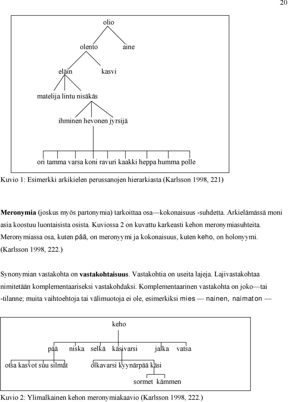 Meronymiassa osa, kuten pää, on meronyymi ja kokonaisuus, kuten keho, on holonyymi. (Karlsson 1998, 222.) Synonymian vastakohta on vastakohtaisuus. Vastakohtia on useita lajeja.