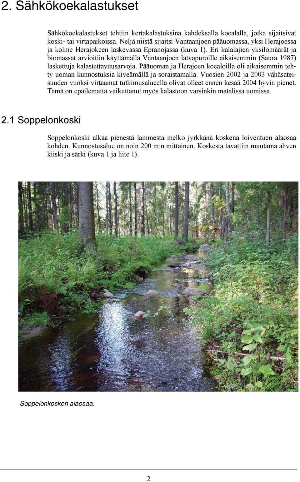 Eri kalalajien yksilömäärät ja biomassat arvioitiin käyttämällä Vantaanjoen latvapuroille aikaisemmin (Saura 1987) laskettuja kalastettavuusarvoja.