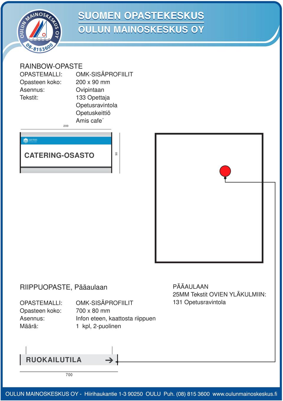 RIIPPUOPASTE, Pääaulaan OMK-SISÄPROFIILIT 700 x 80 mm Infon eteen, kaattosta riippuen