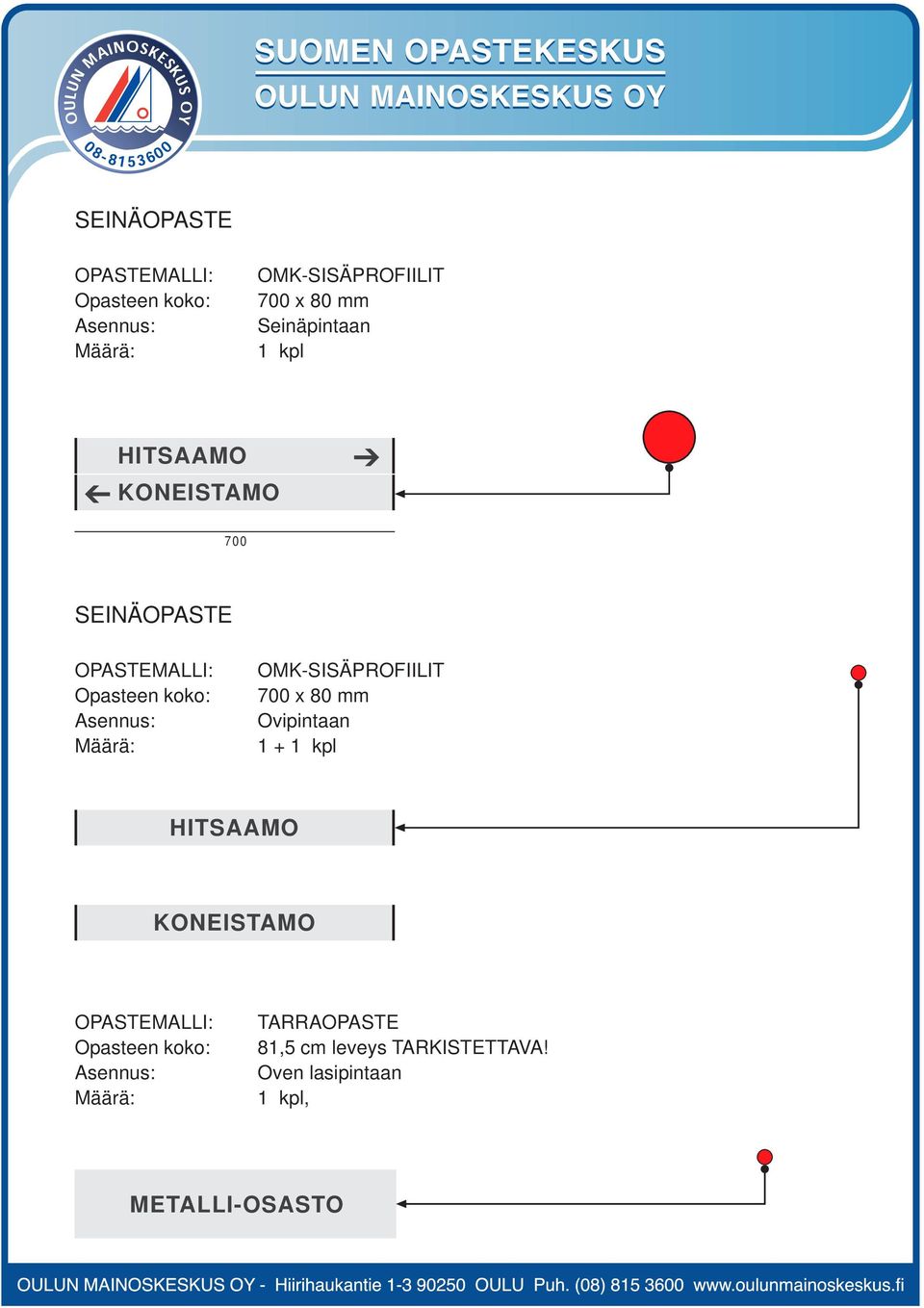 80 mm Ovipintaan 1 + 1 kpl HITSAAMO KONEISTAMO TARRAOPASTE