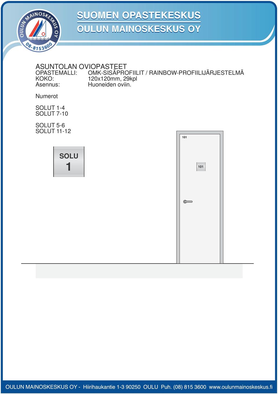 120x120mm, 29kpl Huoneiden oviin.