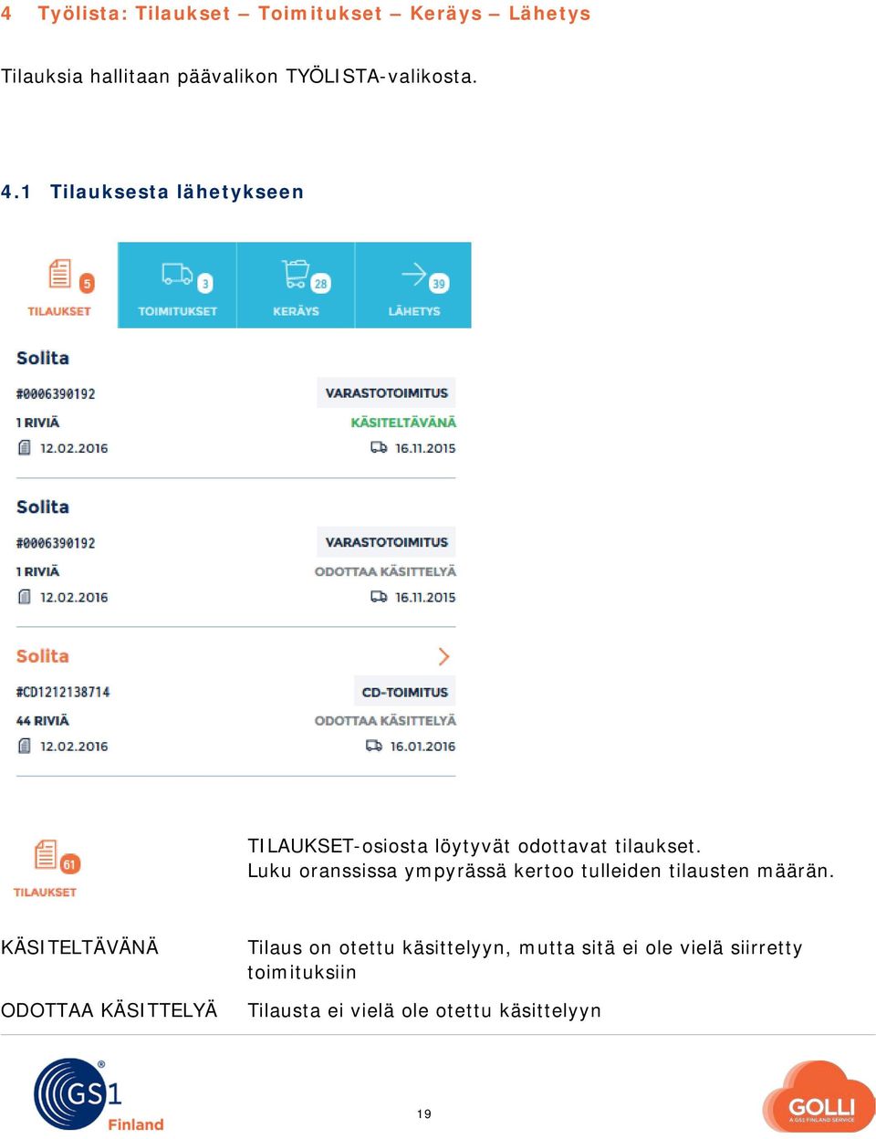 Luku oranssissa ympyrässä kertoo tulleiden tilausten määrän.