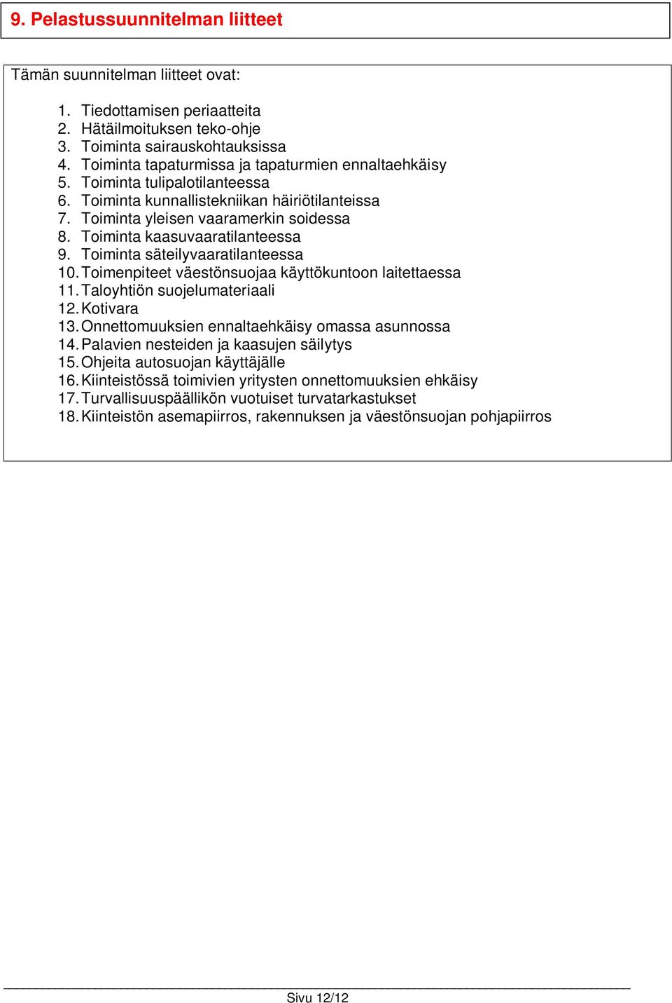 Toiminta kaasuvaaratilanteessa 9. Toiminta säteilyvaaratilanteessa 10. Toimenpiteet väestönsuojaa käyttökuntoon laitettaessa 11. Taloyhtiön suojelumateriaali 12. Kotivara 13.