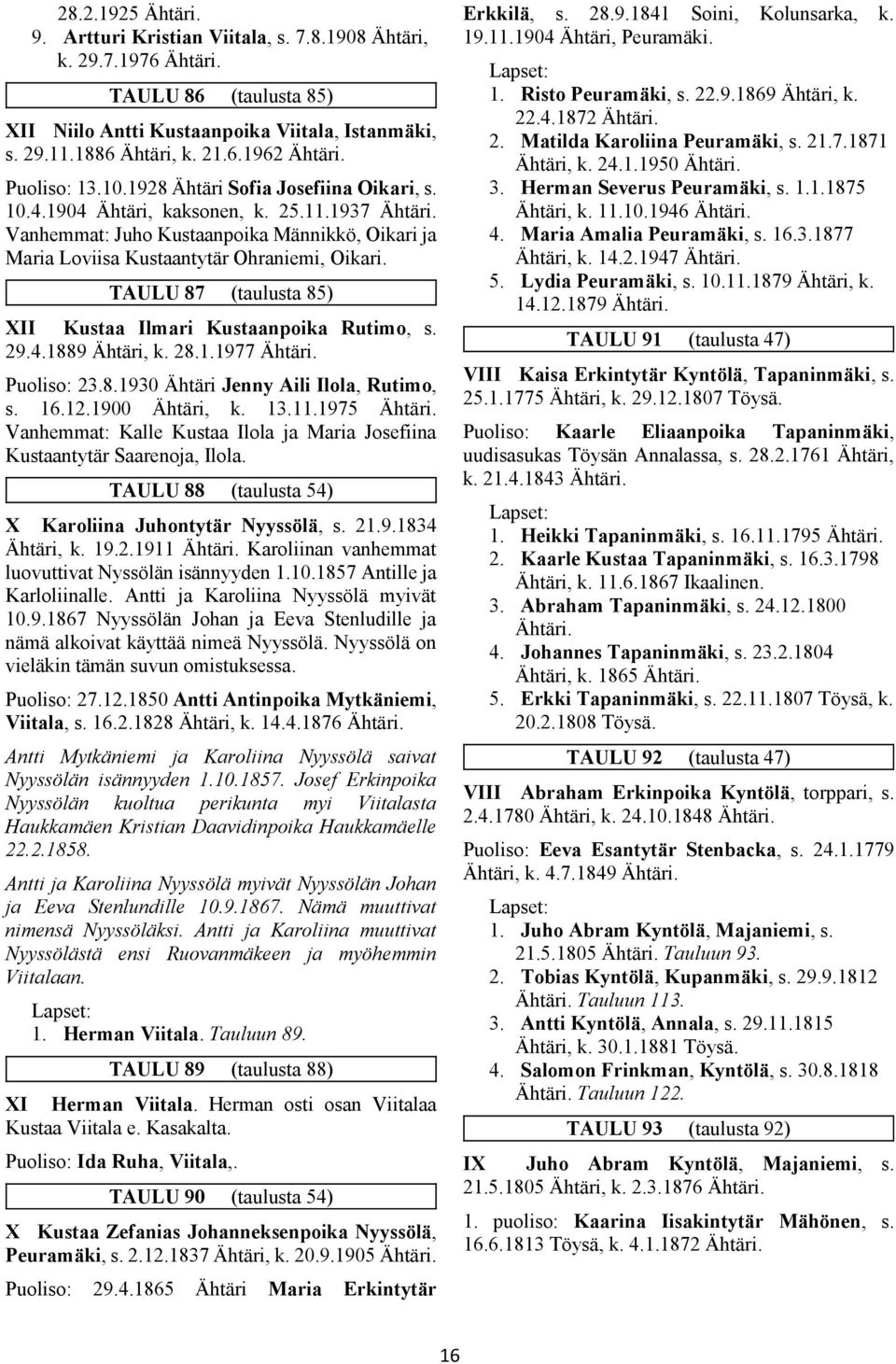 TAULU 87 (taulusta 85) XII Kustaa Ilmari Kustaanpoika Rutimo, s. 29.4.1889 Ähtäri, k. 28.1.1977 Puoliso: 23.8.1930 Ähtäri Jenny Aili Ilola, Rutimo, s. 16.12.1900 Ähtäri, k. 13.11.