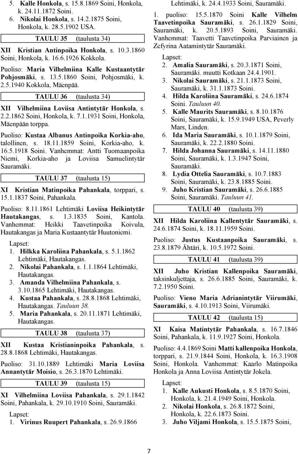 TAULU 36 (taulusta 34) XII Vilhelmiina Loviisa Antintytär Honkola, s. 2.2.1862 Soini, Honkola, k. 7.1.1931 Soini, Honkola, Mäenpään torppa.