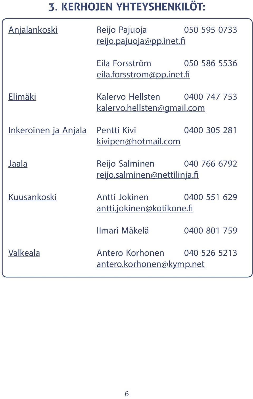 com Inkeroinen ja Anjala Pentti Kivi 0400 305 281 kivipen@hotmail.com Jaala Reijo Salminen 040 766 6792 reijo.