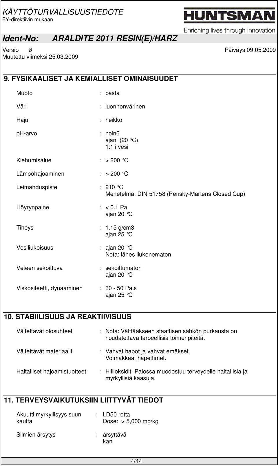 15 g/cm3 ajan 25 C Vesiliukoisuus : ajan 20 C Nota: lähes liukenematon Veteen sekoittuva Viskositeetti, dynaaminen : sekoittumaton ajan 20 C : 30-50 Pa.s ajan 25 C 10.