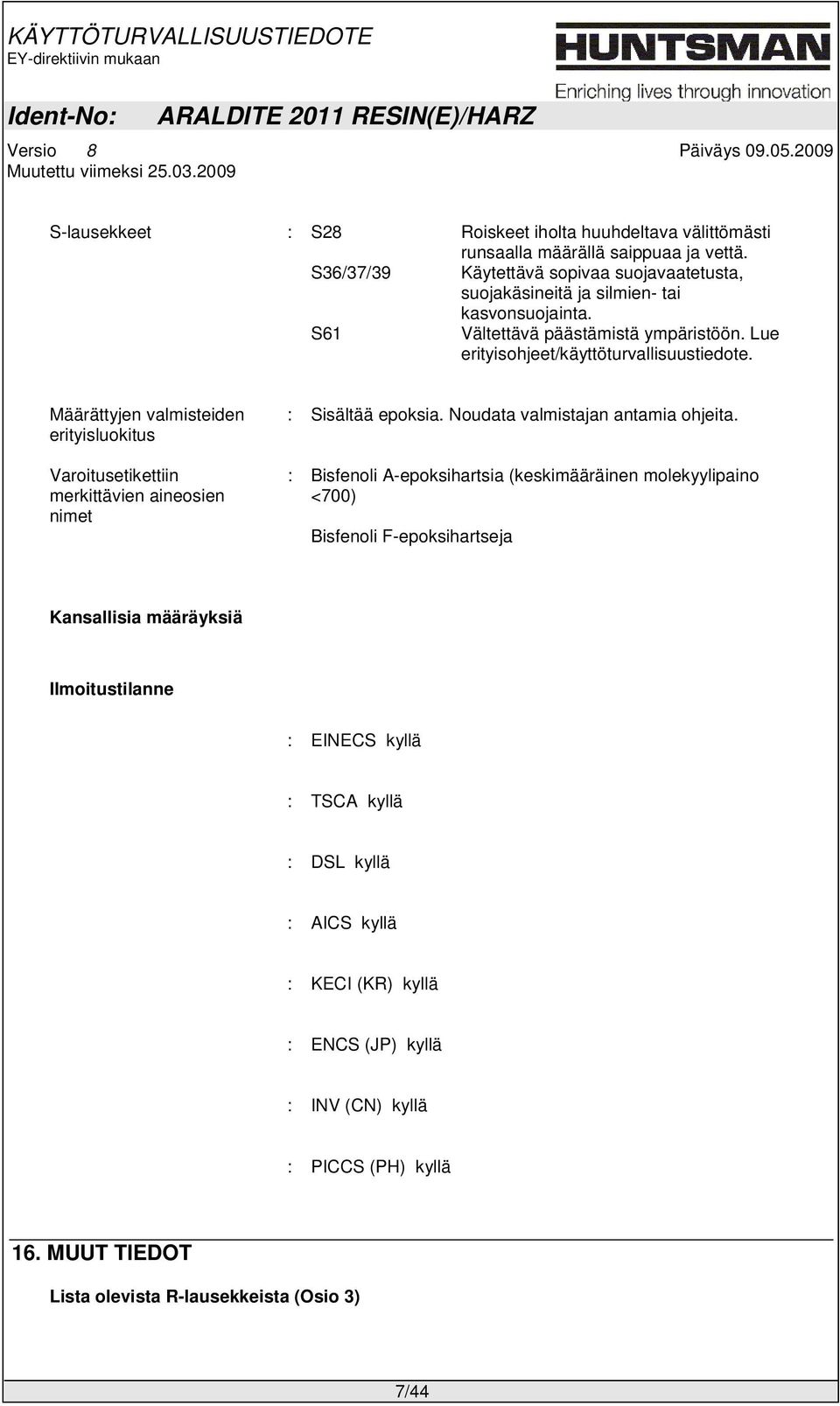 Määrättyjen valmisteiden erityisluokitus Varoitusetikettiin merkittävien aineosien nimet : Sisältää epoksia. Noudata valmistajan antamia ohjeita.