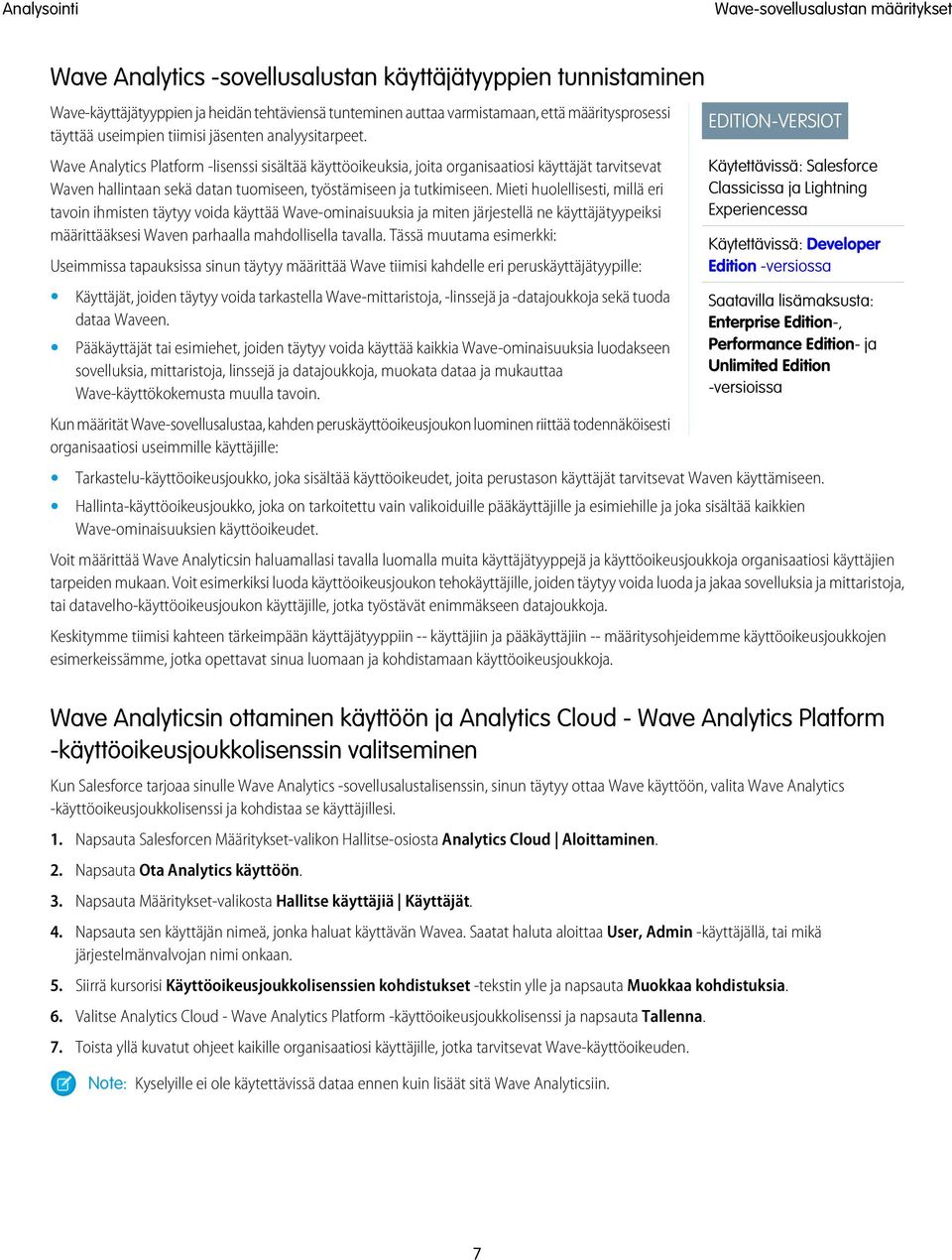 Wave Analytics Platform -lisenssi sisältää käyttöoikeuksia, joita organisaatiosi käyttäjät tarvitsevat Waven hallintaan sekä datan tuomiseen, työstämiseen ja tutkimiseen.