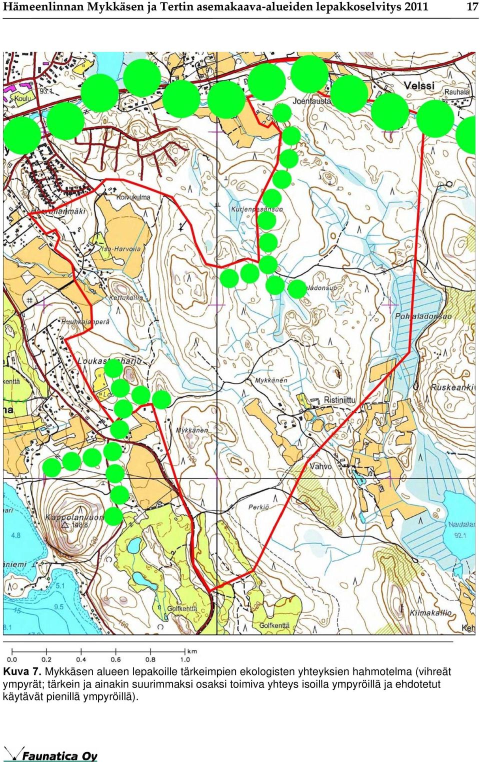 Mykkäsen alueen lepakoille tärkeimpien ekologisten yhteyksien hahmotelma