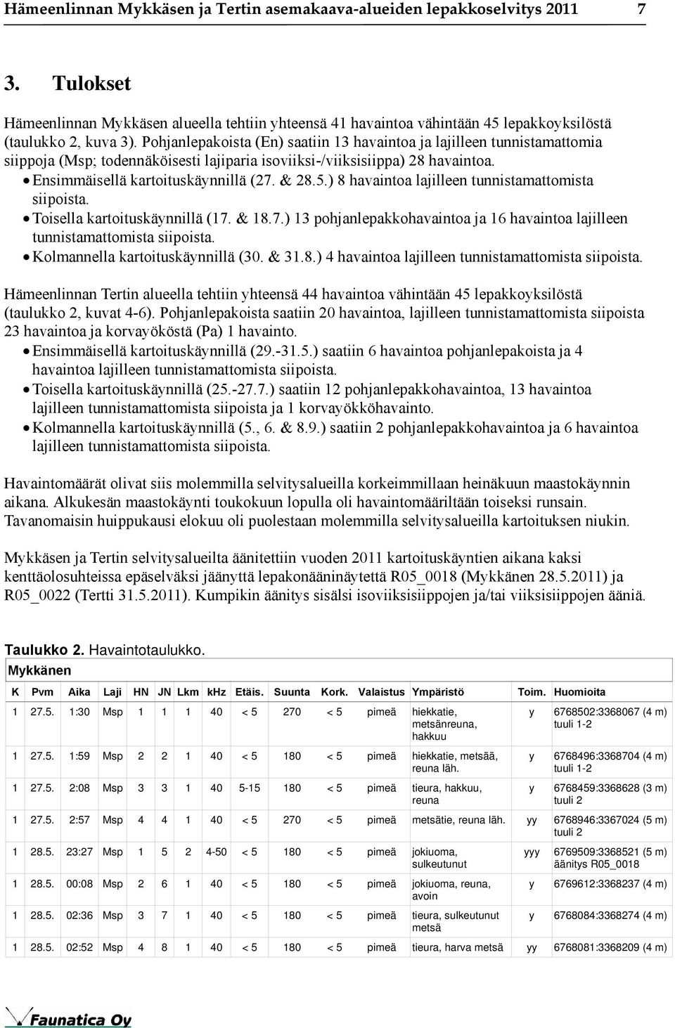 ) 8 havaintoa lajilleen tunnistamattomista siipoista. Toisella kartoituskäynnillä (17. & 18.7.) 13 pohjanlepakkohavaintoa ja 16 havaintoa lajilleen tunnistamattomista siipoista.